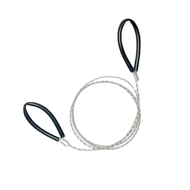Close-up of a black and red stainless steel survival wire saw coiled in its storage bag.
