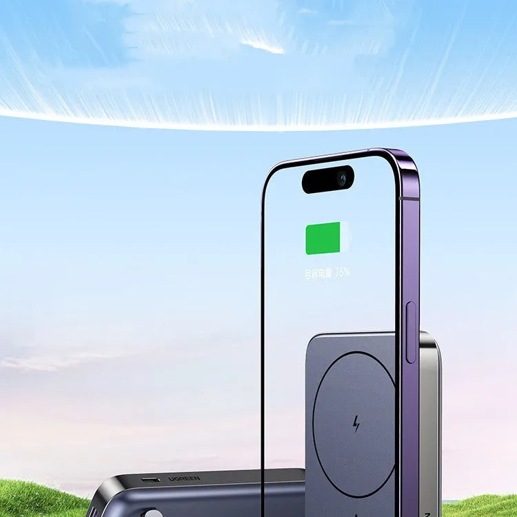 Compact magnetic charging power bank with integrated bracket showing 10000mAh capacity and C-C charging cable