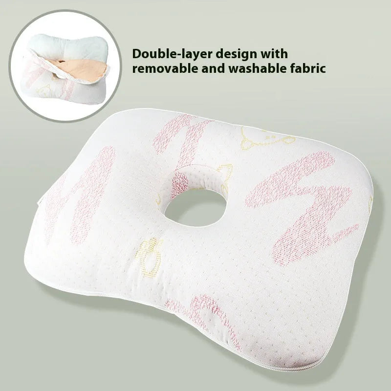 Beauty salon single hole ear pillow for adults in grey plaid pattern, showing dimensions.