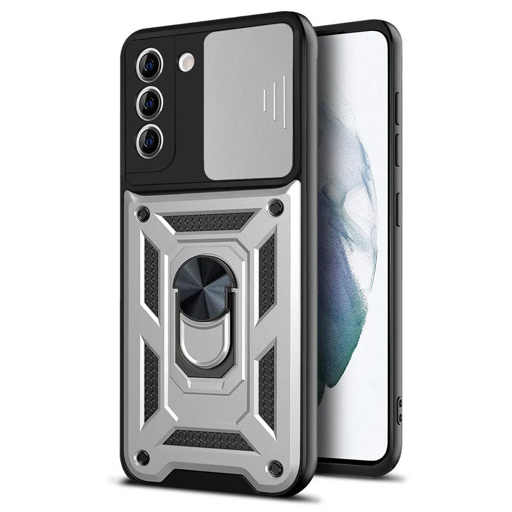 Samsung Sergeant Push Window Bracket Ring Phone Case in black and blue with geometric design