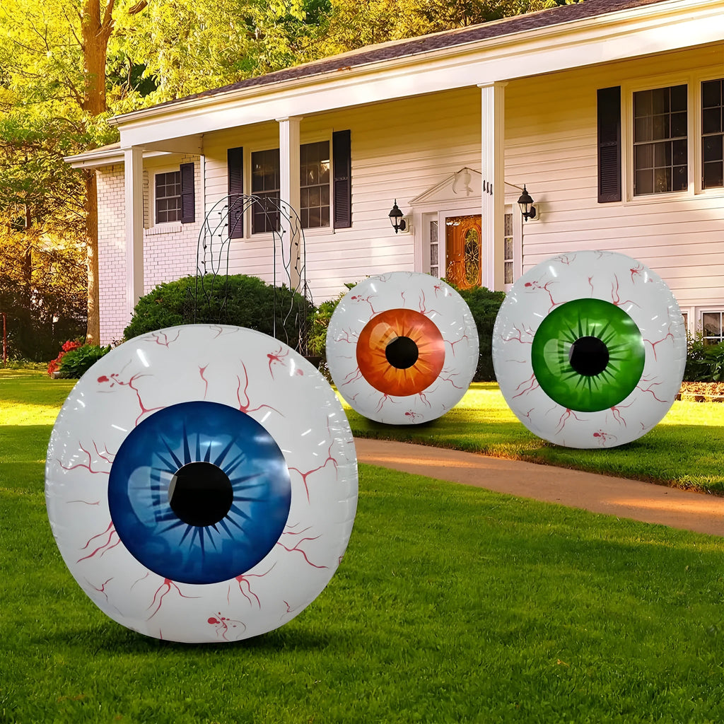 Halloween inflatable eyeball balloon with red bloodshot pattern, shown inflated.