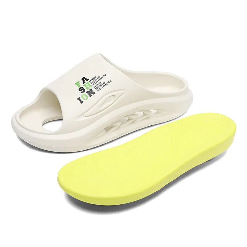 Men's white and green colour-blocked EVA sports slippers with a thick, textured sole on a plain background.