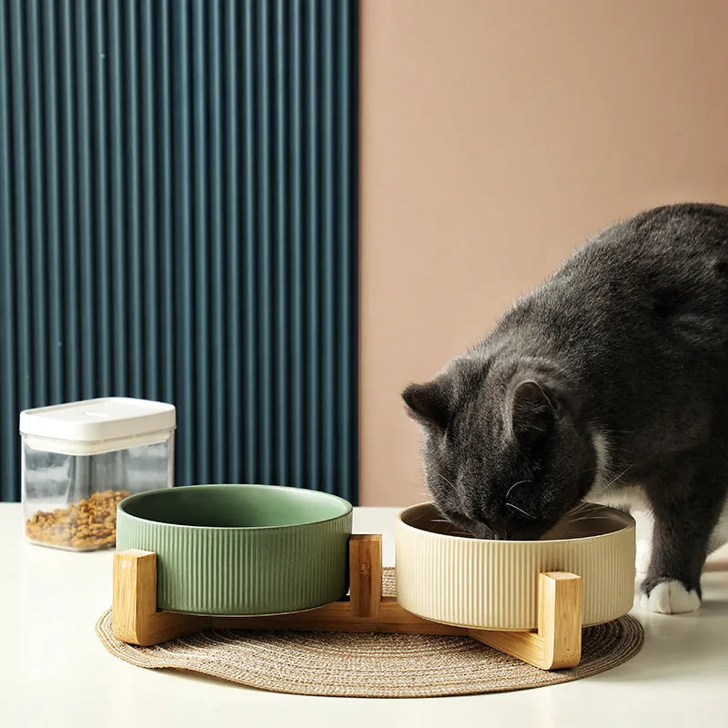 Cat ceramic bowl with wooden frame in straight matte finish, anti-tumble design