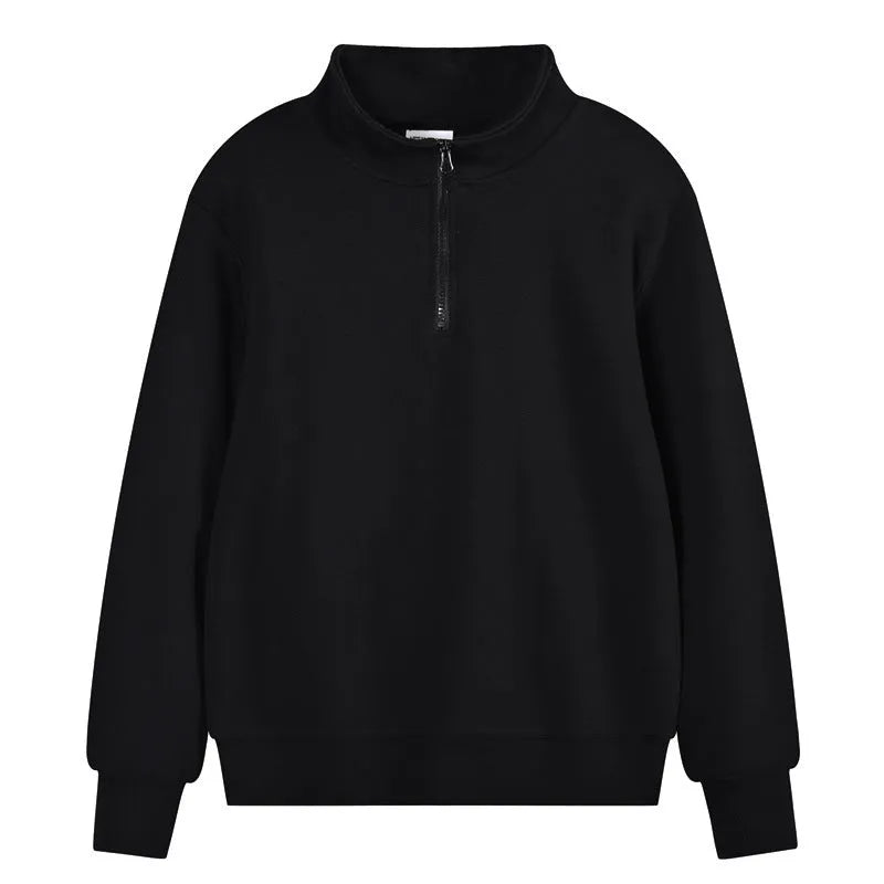 Heavyweight cotton zip-front sports sweater with stand collar in straight-cut pullover style