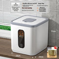 Grey plastic household rice storage jar with a sealed lid and a measuring cup.