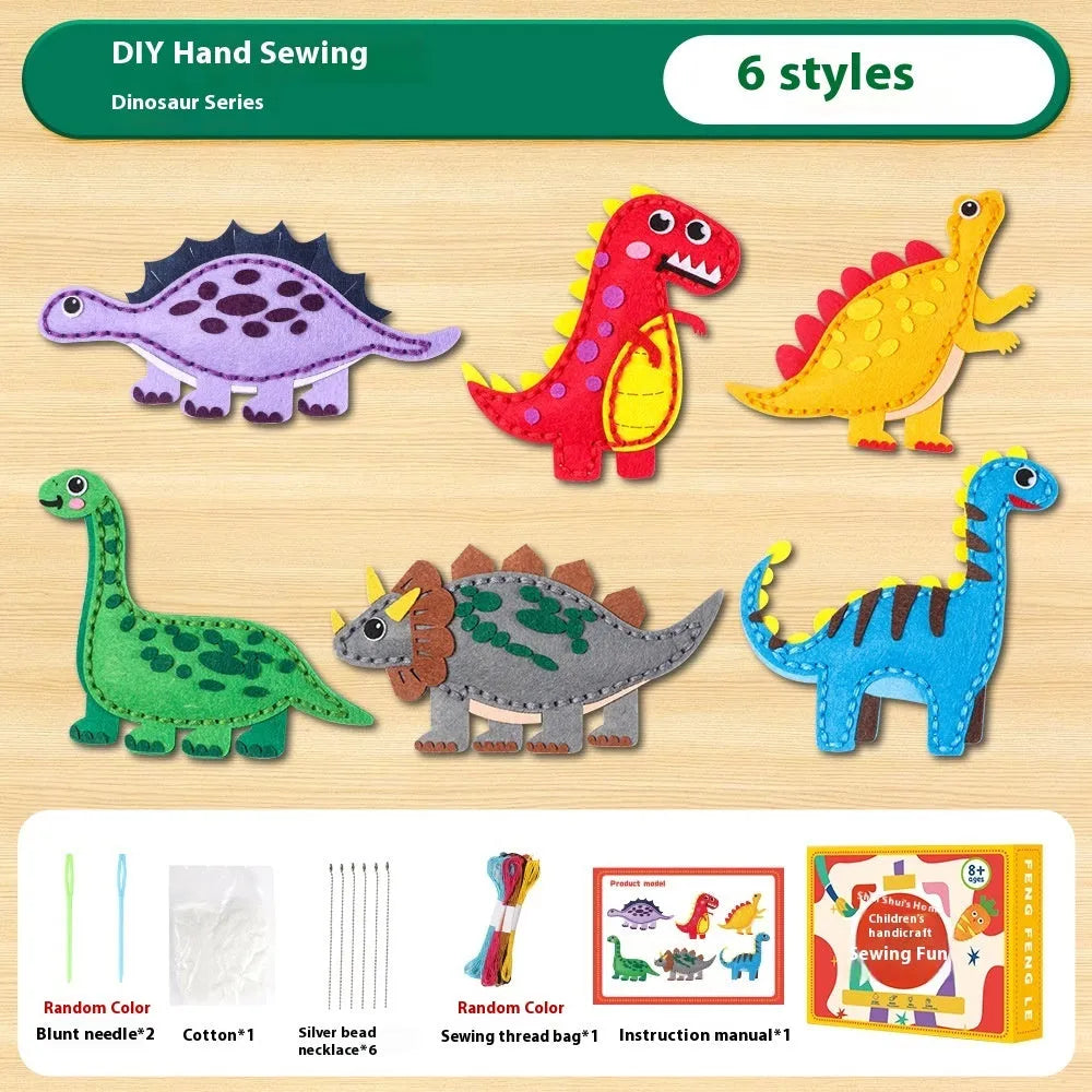 Children's non-woven cloth sewing kit with animal six models, needle, thread, and silver beads in a colour box