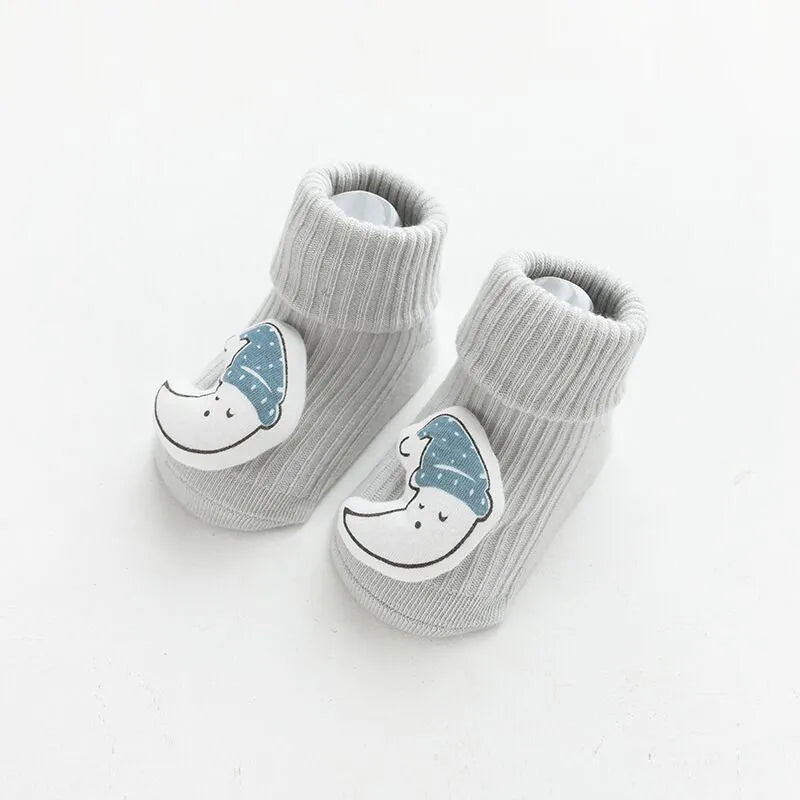 Non-slip baby socks with dispensing glue feature in cotton material, showing mid-calf height and colour options