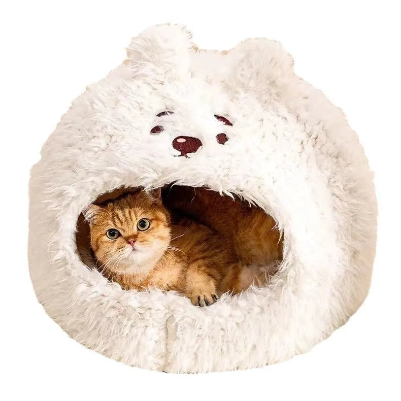 Semi-enclosed yurt-style cat litter kennel tent indoors, shown in bear, deer, and rabbit designs.