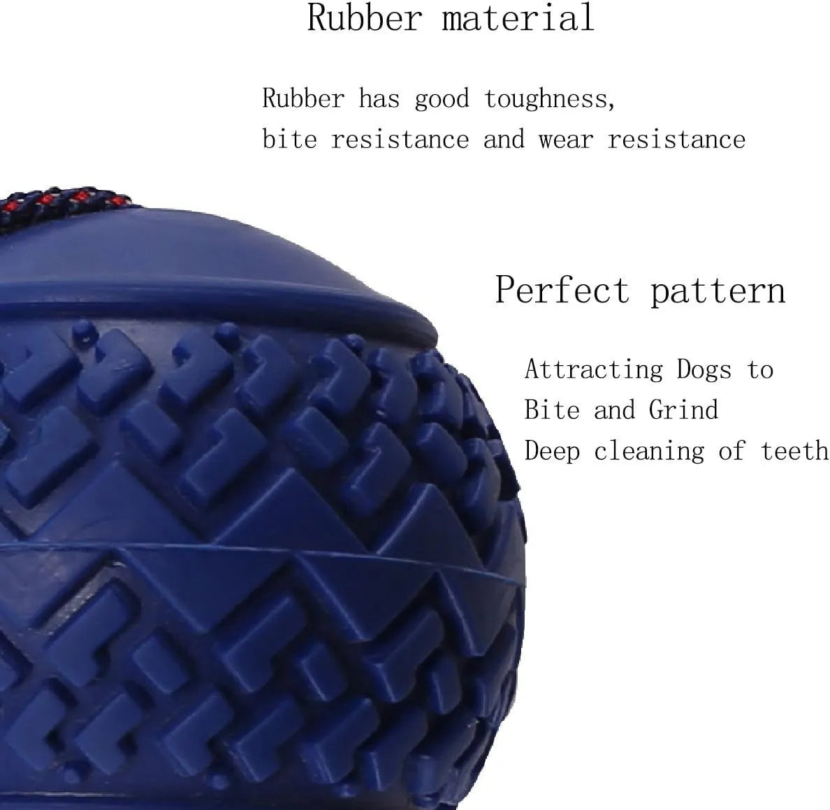 Blue rubber dog ball with rope attached, showing textured surface.