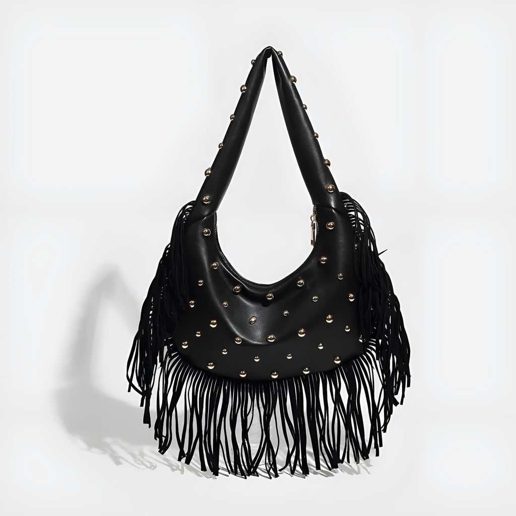Retro-style black tassel shoulder handbag showing structured shape and decorative tassel.