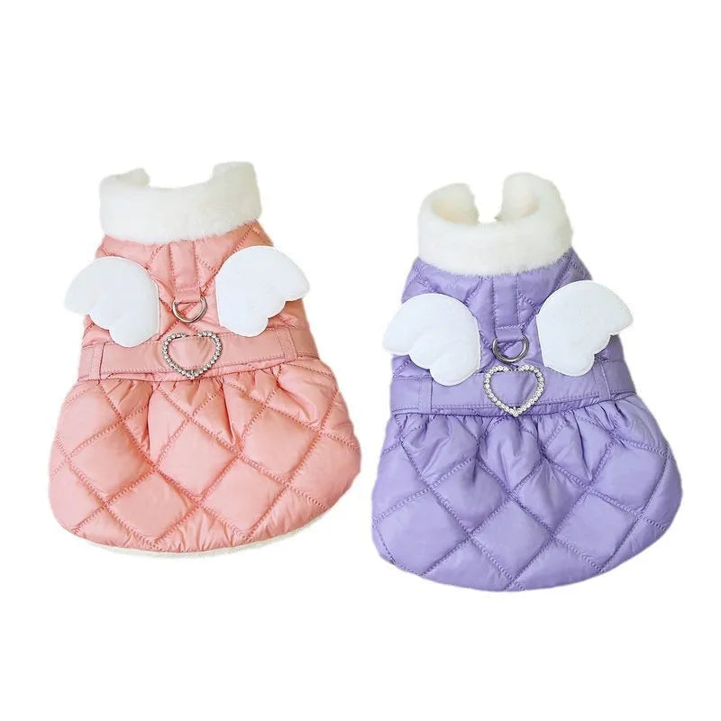 Small dog wearing pink or purple thickened cotton-style skirt - pet clothing in sizes XS to XL