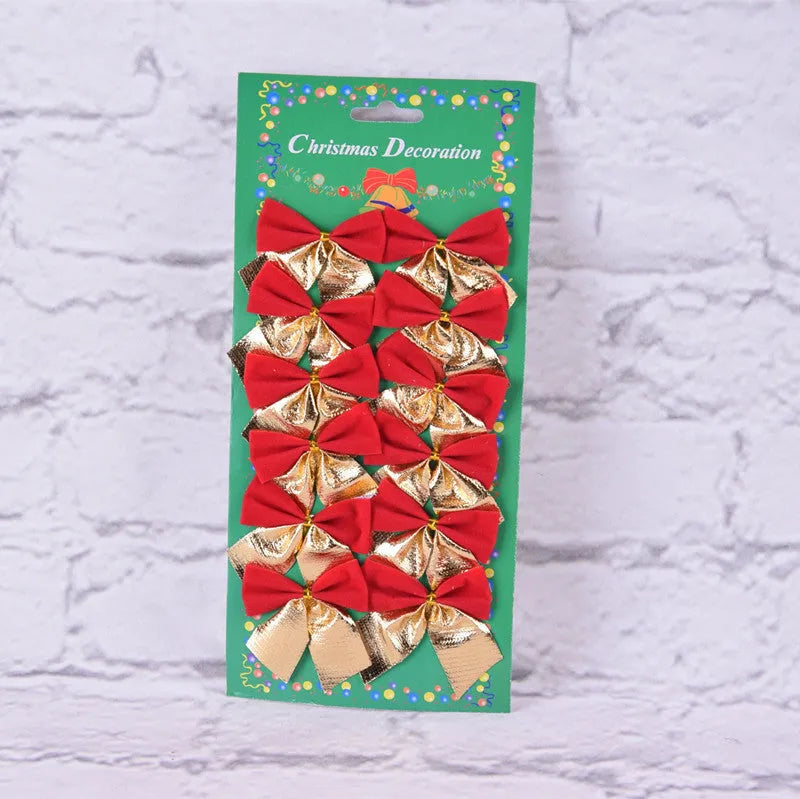Red, gold, red gold, and silver 5 cm polyester Christmas decoration bows on a tree branch