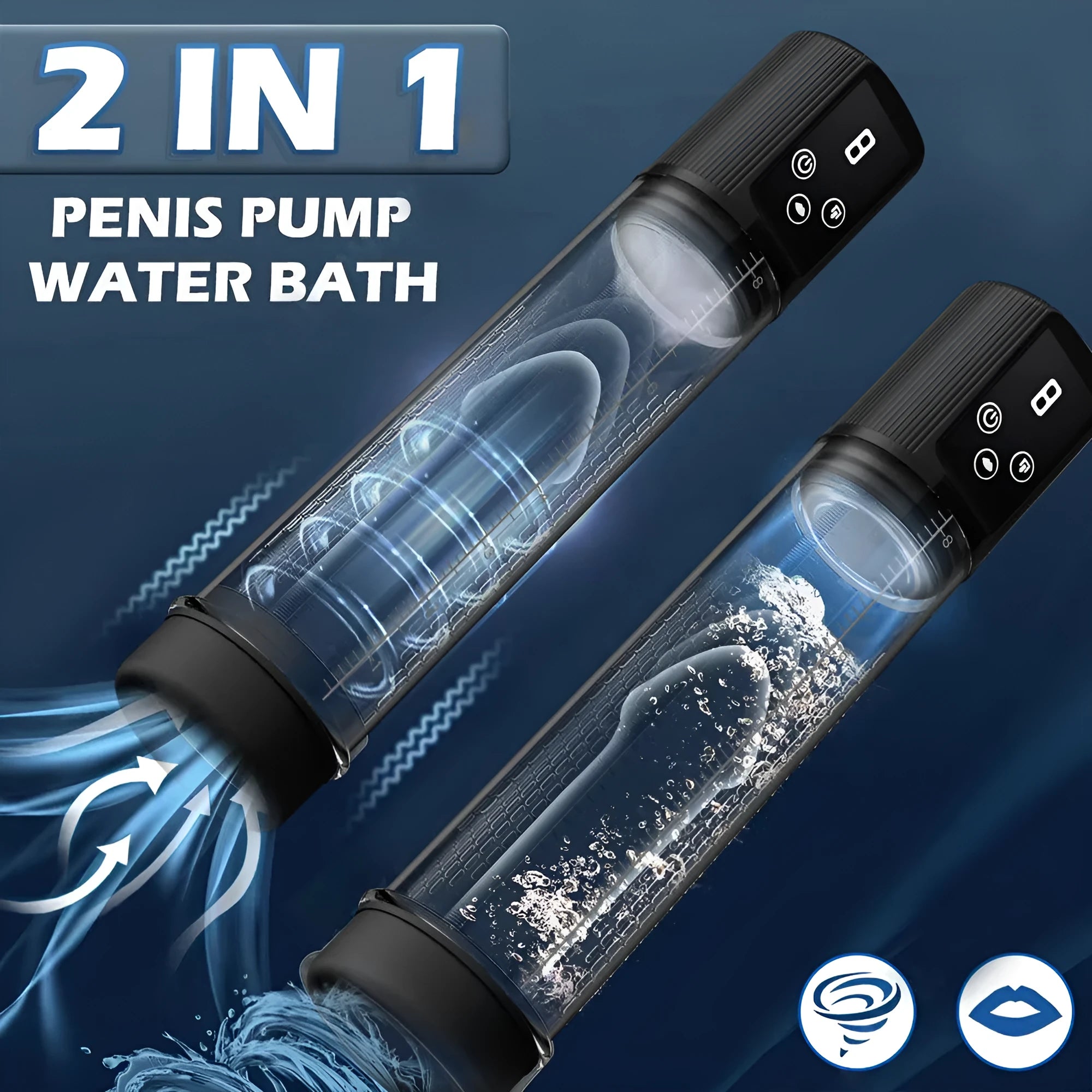 Electric pump unit for a male training masturbation device made from black ABS and TPE materials.