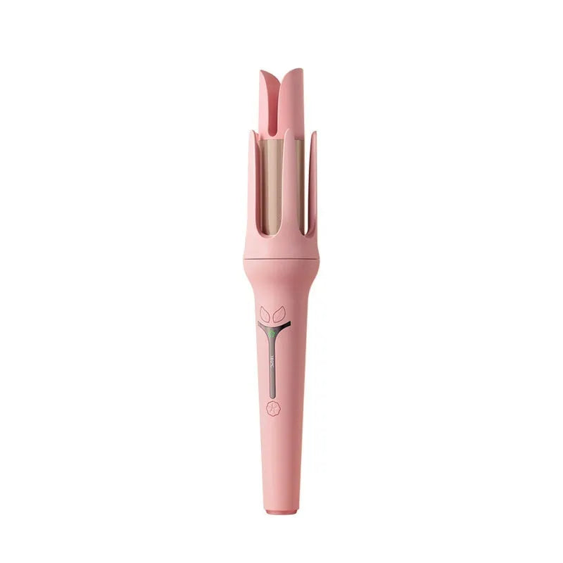 Pink automatic hair curler with 32mm barrel, three clips, and comb on white background