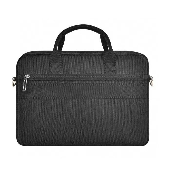 Black Oxford cloth laptop handbag with multiple compartments and a lock, shown in 14-inch and 15.6-inch sizes.