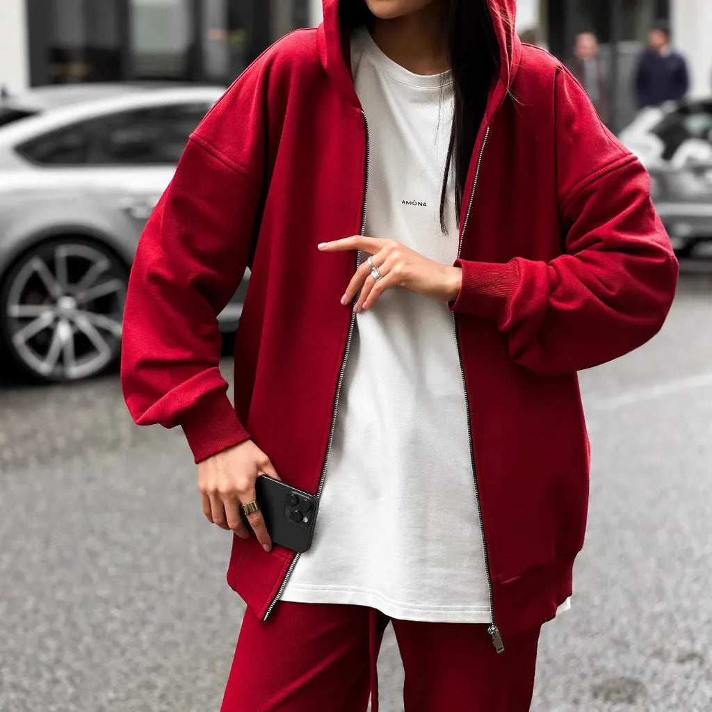 Street style long-sleeved coat and trousers two-piece set in loose fit with solid colour design