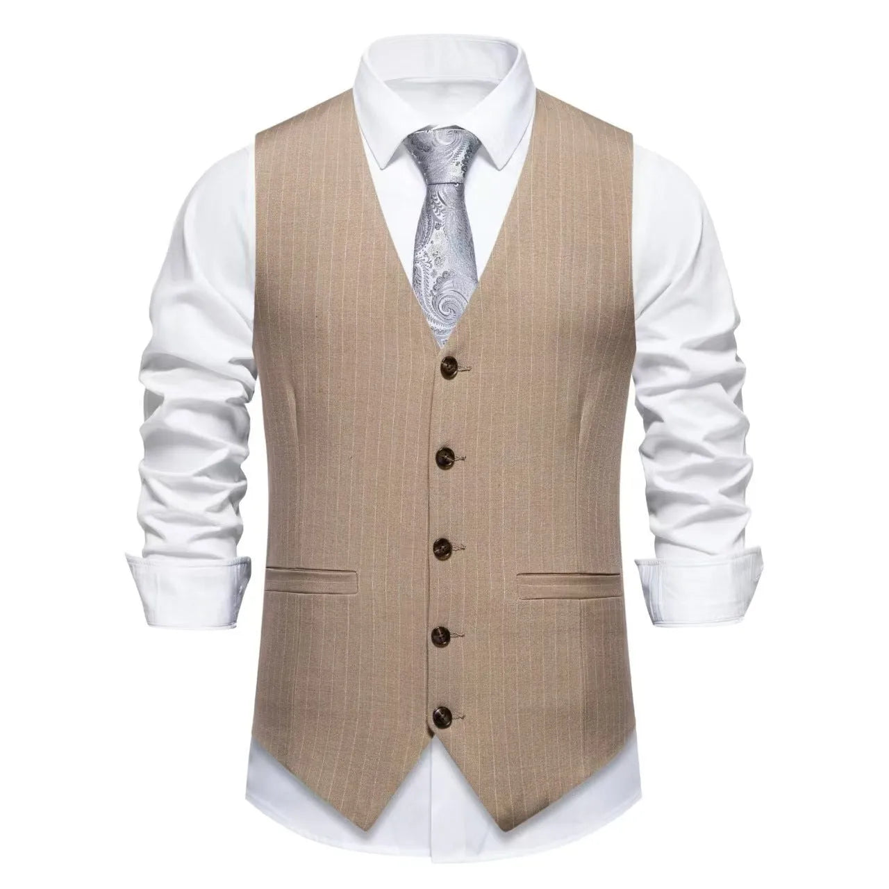 Men's striped suit vest in black, khaki, or red with non-ironing polyester fabric