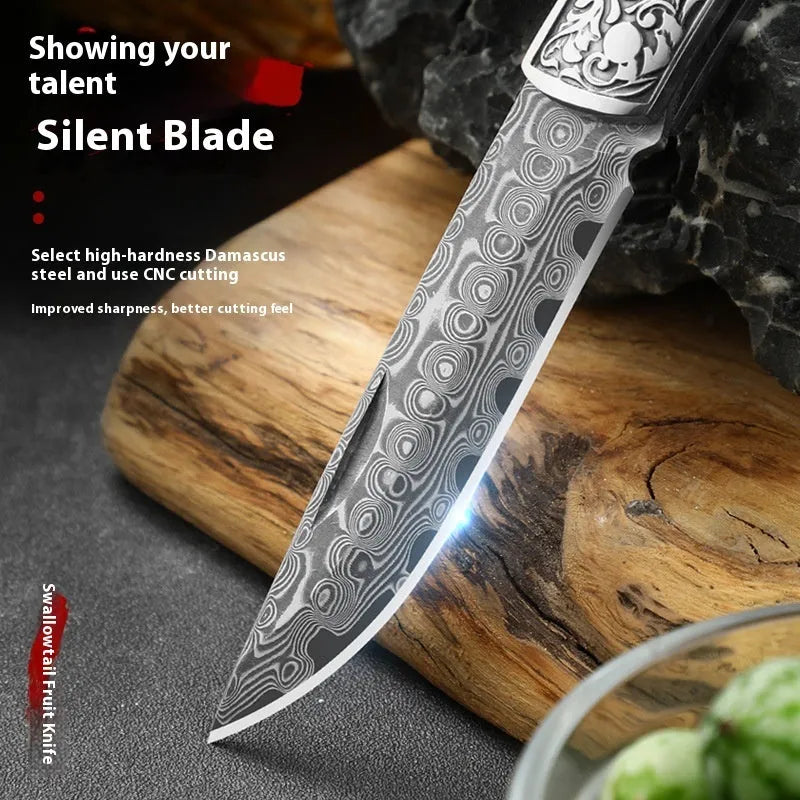 VG10 stainless steel folding knife with handmade national style dovetail patterning in blue or red options