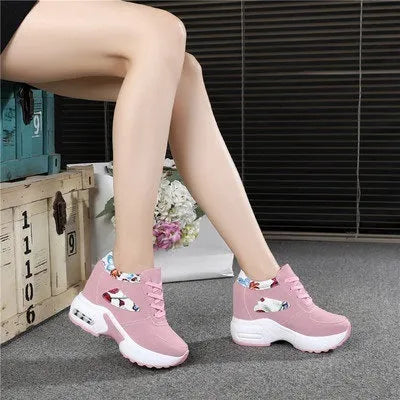 Women's white wedge platform shoes with PU upper round toe and 6-8CM heel