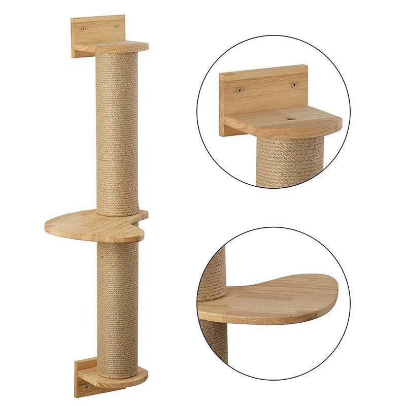 Khaki coloured wooden cat climbing frame mounted on wall with hanging jumping platform