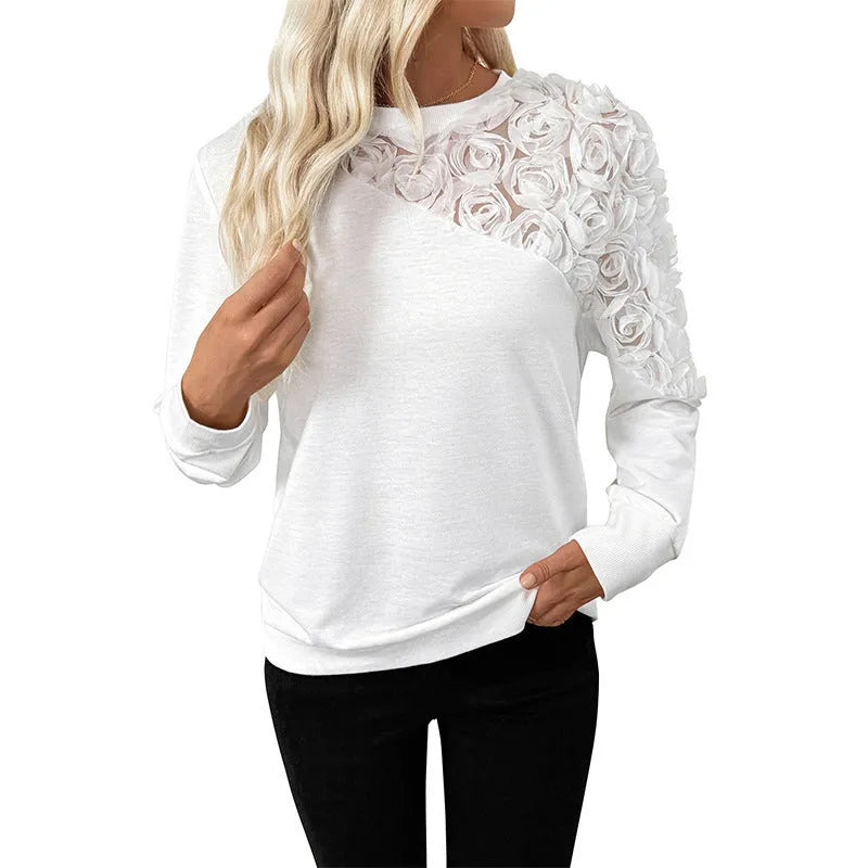 White floral pattern long sleeve pullover top with loose fit
