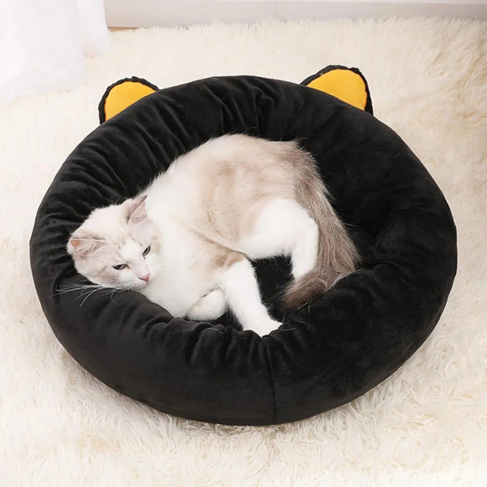 Black cat shape velvet pet nest bed with raised edges for head support