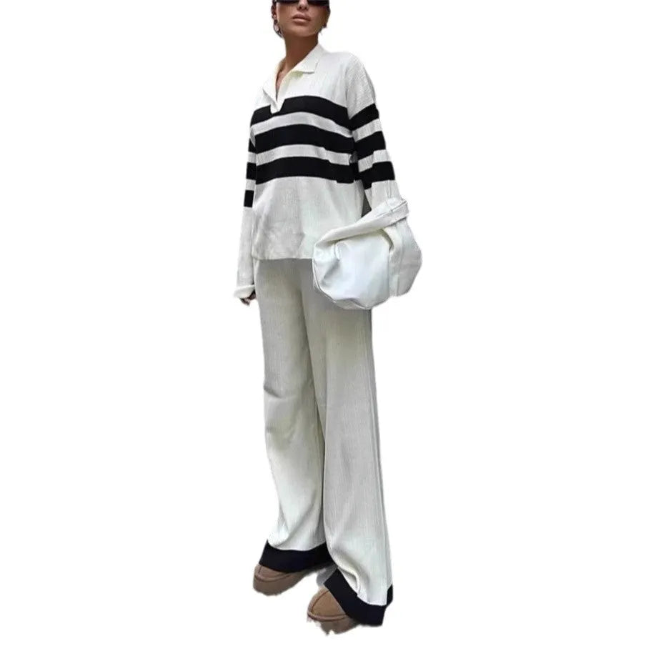 Women's black and white striped knitted polo collar top and trousers two-piece set