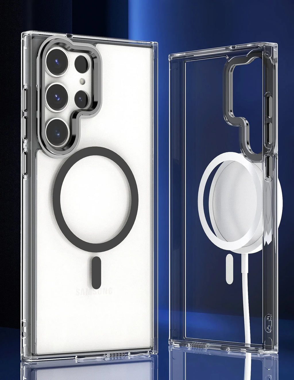 Semi-transparent magnetic phone case with hardware camera ring for Samsung in transparent black