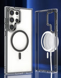 Semi-transparent magnetic phone case with hardware camera ring for Samsung in transparent black