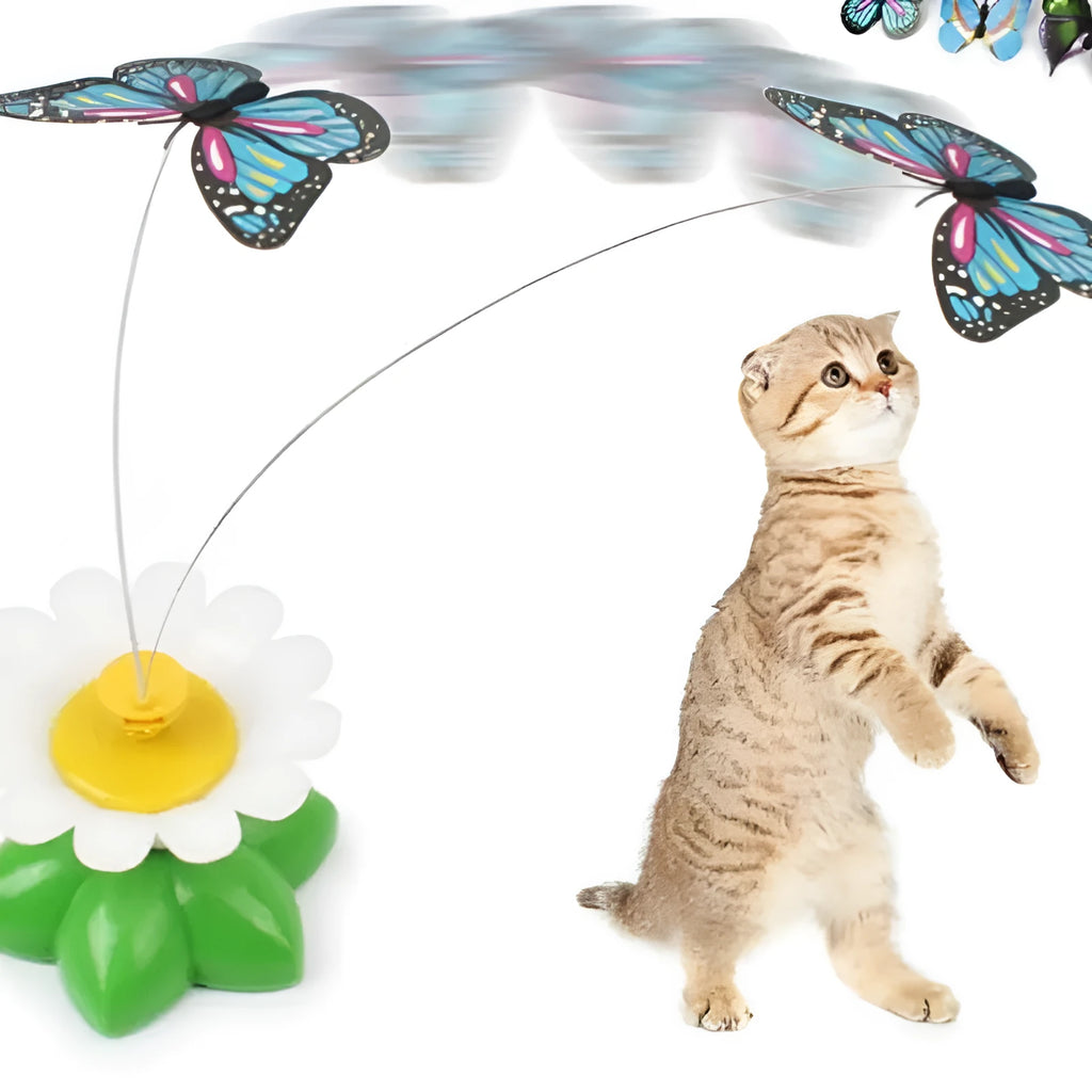 Electric automatic rotating white flower with green leaves and colourful butterfly on 21cm steel wire
