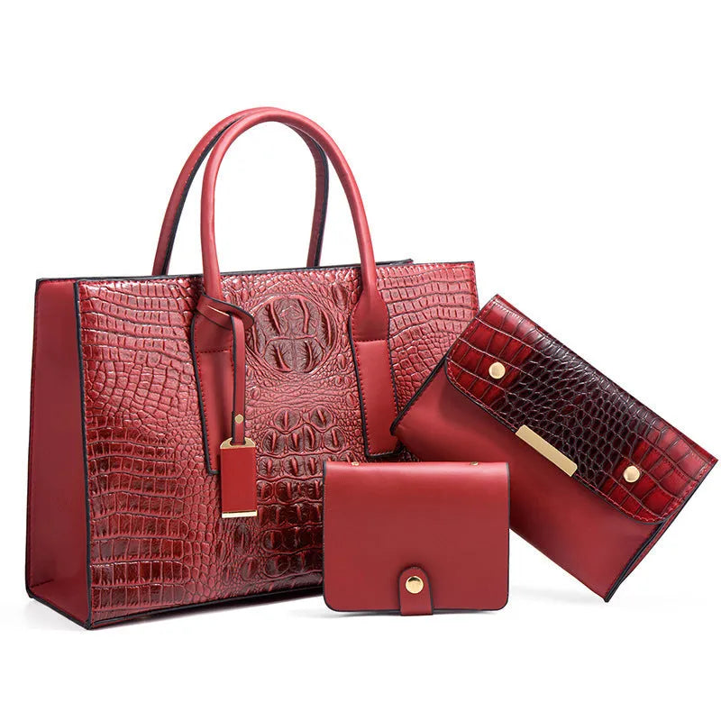 Women's three-piece PU leather handbag set with crocodile pattern in horizontal square design