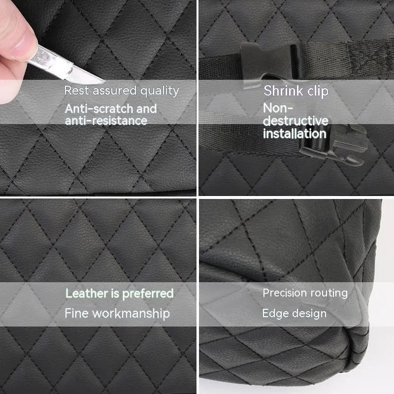 Leather car interior hanging storage bag in black colour showing door pocket mounting