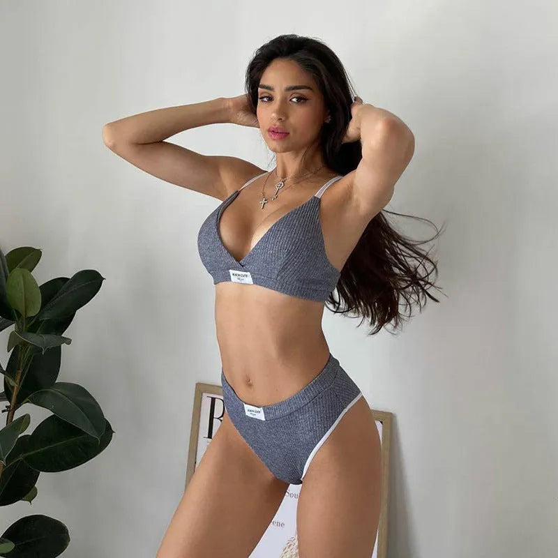 Women's embroidery contrast binding letters bikini set in black, grey or white polyester swimwear