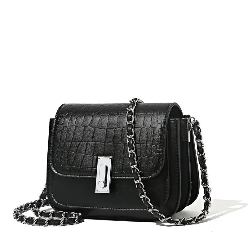 Green soft square women's cross-body shoulder bag with chain strap and external pockets.