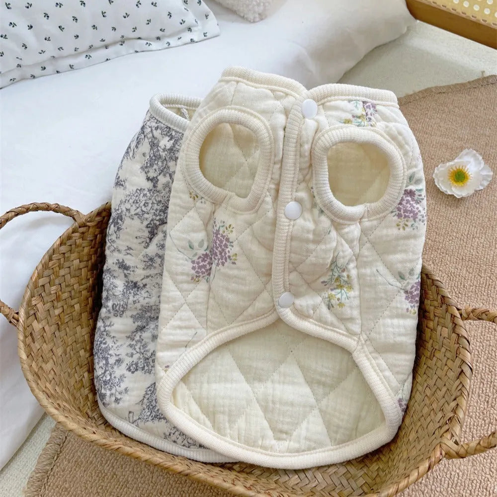 Cotton-padded pet clothes in Chinese ink style or lavender colour with vest or flounced sleeve designs