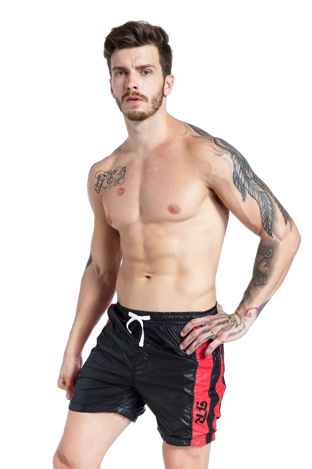 Blue men's slim-fit sports shorts with lace-up front and padding for running and casual wear.