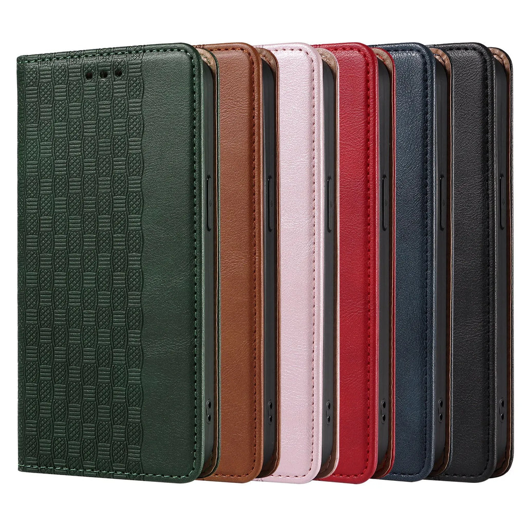 Embossed leather flip phone case for iPhone showing texture detail and flip cover design