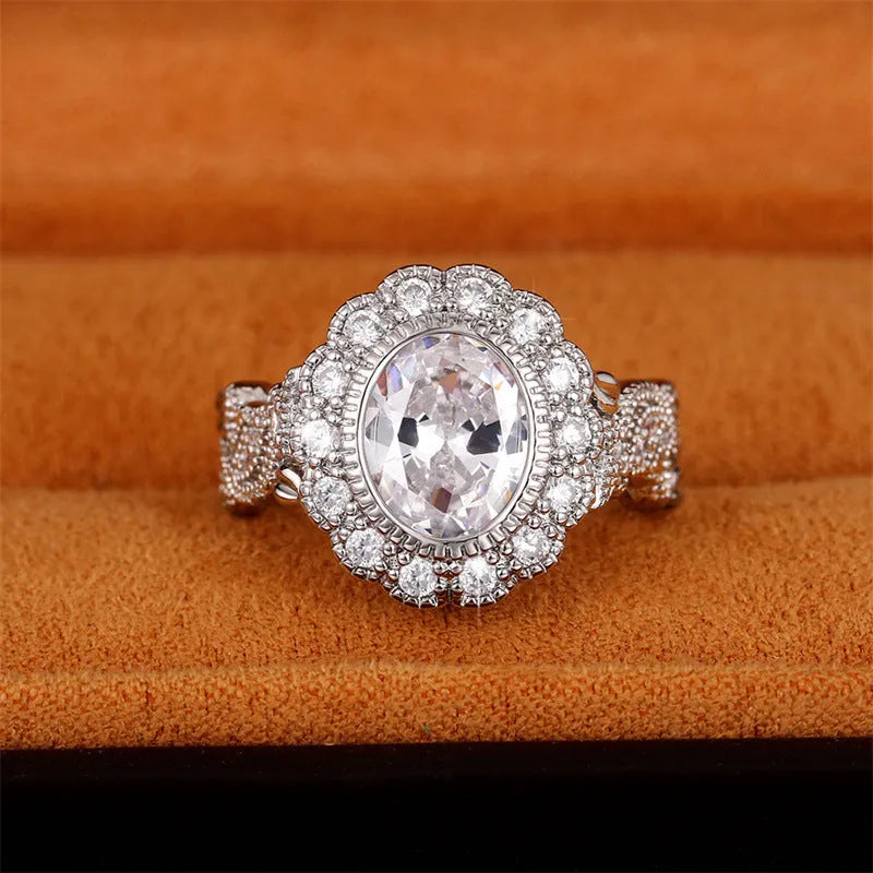 Women's geometric ring with round zircon stone and white gold coloured diamond copper plating