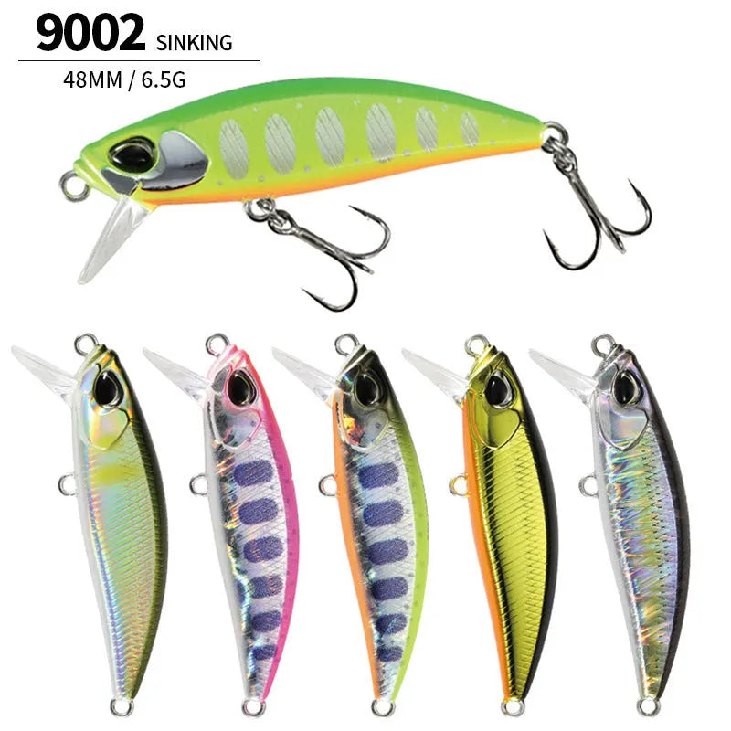 Tossing Japanese 48mm submerged minnow fishing lure in assorted colours for mandarin fish and snakehead.