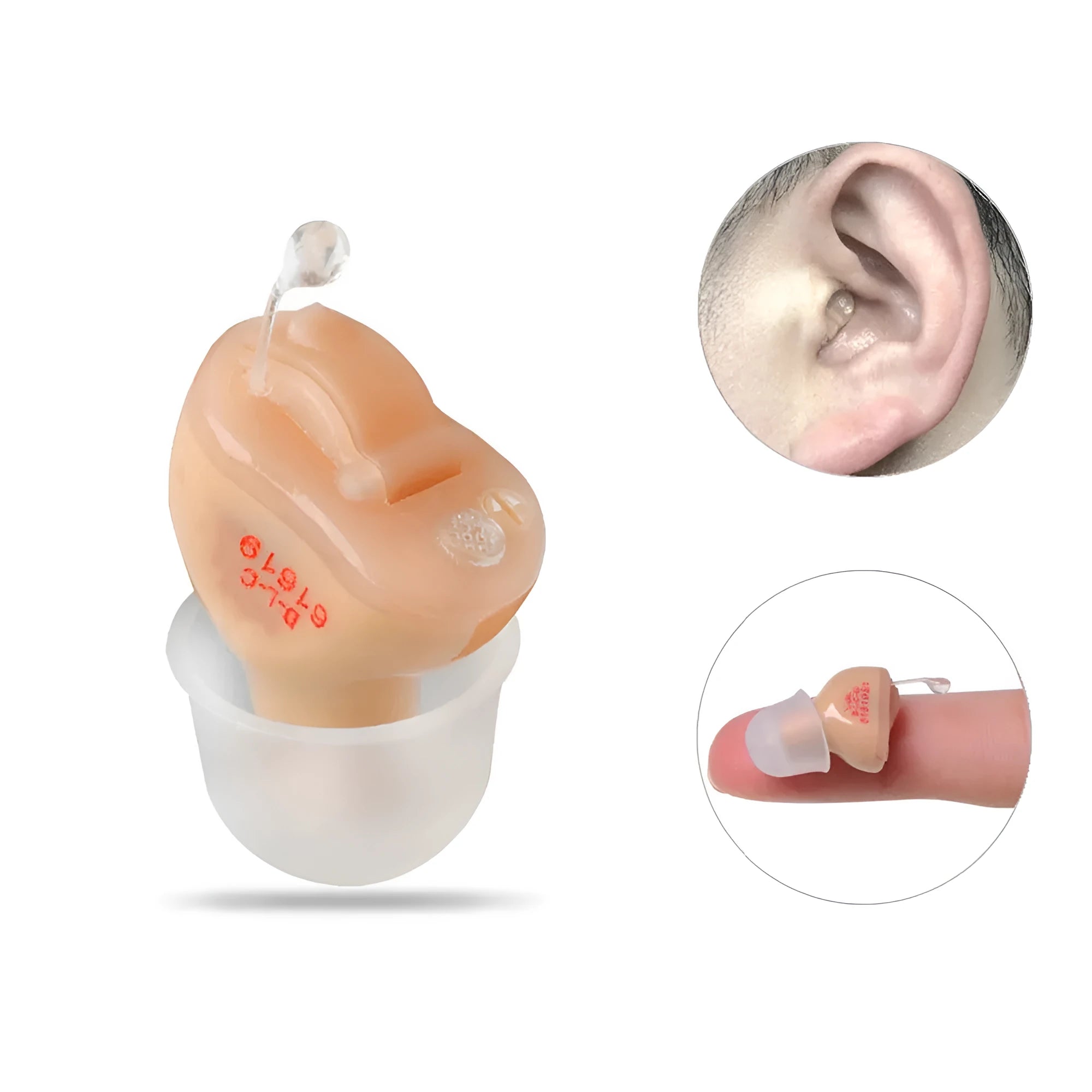 Mini completely-in-the-canal T23 hearing aid unit with selection of ear dome sizes.