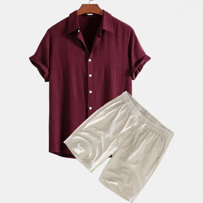 Men's solid colour casual shorts suit set with short-sleeved shirt and matching shorts on a hanger