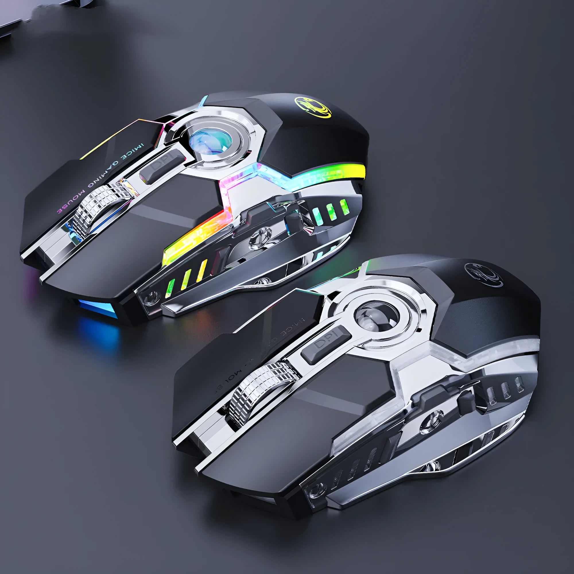 Seven-button wireless gaming mouse with horse racing design, RGB lighting, and silent charging in black and grey colour options.