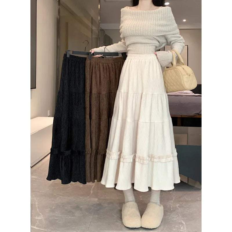 Korean style A-line corduroy skirt with elastic waistband in milky white colour.