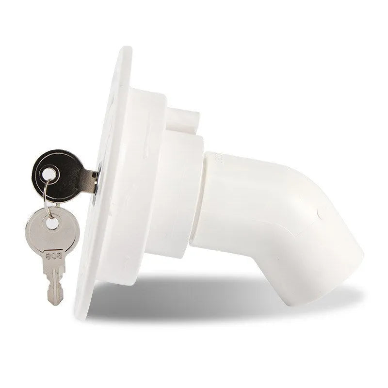 White RV gravity water filling port with 80mm hole size and 38mm pipe inner diameter mounted on panel