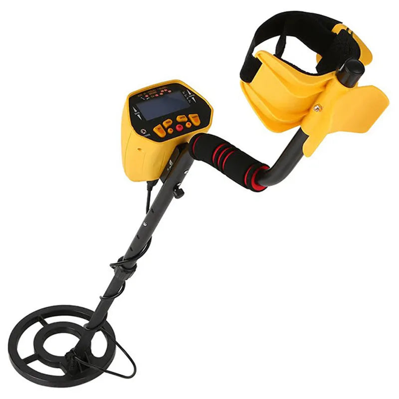 GC1028 black and yellow metal detector with LCD screen and adjustable pole, showing waterproof search coil.