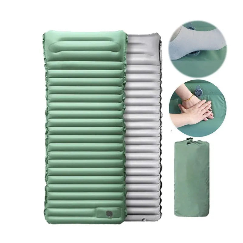 Portable inflatable camping mattress in grey colour options showing expanded size of 195cm length