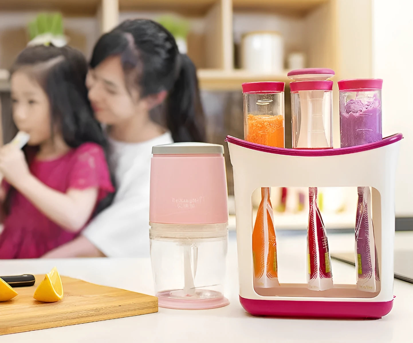 Baby food maker squeeze station pressing homemade fruit puree into 4oz pouch on countertop