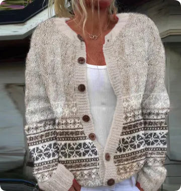 Colour-blocked loose-fit acrylic jacquard knit cardigan in purple, front view, sizes S to 5XL