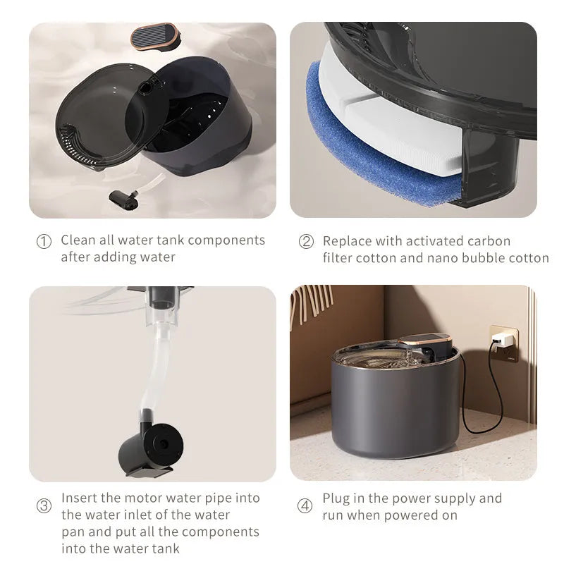 Automatic USB pet water fountain for cats and dogs in blue or white.