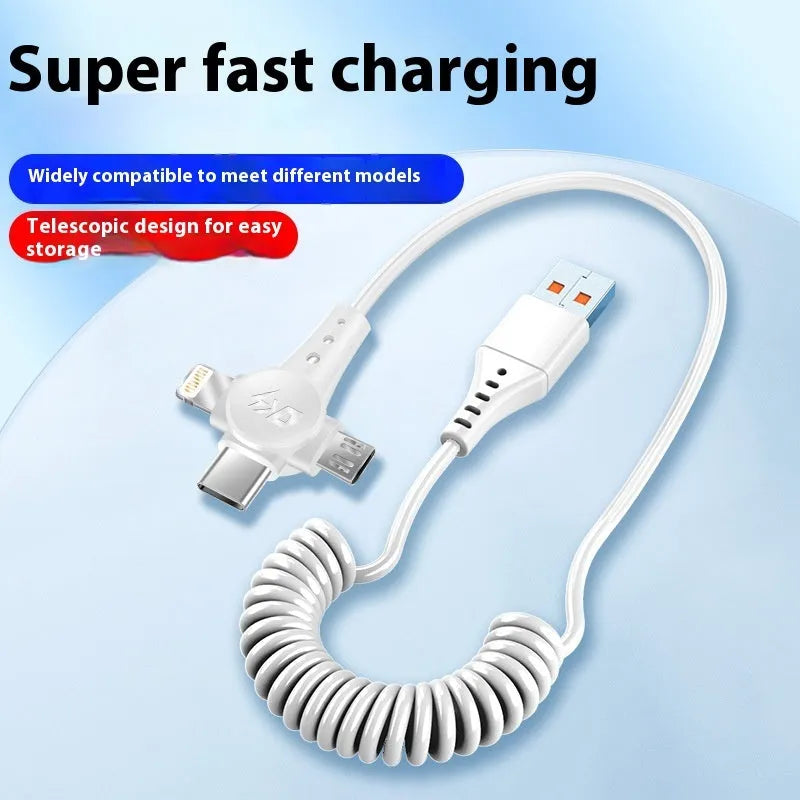Black telescopic spring data cable with Lightning, Micro USB, and USB Type-C connectors extended to full length.